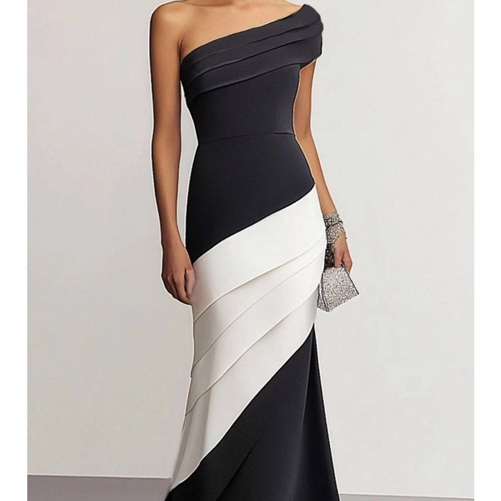 Formal Evening Gown One-Shoulder Black White Maxi Mermaid Dress